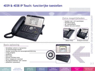 4039 & 4038 IP Touch: functierijke toestellen



                                                                                    Extra mogelijkheden
                                                                                     • Headset met 1 of 2 oorschelpen
                                                                                     • Wandbevestiging
                                                                                     • 60 voetstandaard
                                                                                     • Module met extra toetsen




  Basis oplossing
   • Verstelbaar scherm in 4 grijstinten
   • 10 softwarematige toetsen
   • Headset aansluiting met aanwezigheidsherkenning
   • 4-weg navigatie
   • Handsfree
   • Mute-toets
   • Nummer herhalen-toets
   • Direct toegang tot voicemail
   • 40 programmeerbare „soft‟-toetsen
   • Alfabetisch toetsenbord
                                                                                                                                2-3
  KLANT          EFFICIENTE           MOBILITEIT       MOBILITEIT     TEAMS &       NETWERK           HOTEL &           TOEKOMSTVASTE
BEGROETING      WERKOMGEVING          OP LOKATIE       ONDERWEG     SAMENWERKEN   CONVERGENTIE         ZORG              OPLOSSINGEN
 