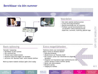 Bereikbaar via één nummer



                                                                                         Voordelen
                                                                                         • Eén enkel zakelijk telefoonnummer
                                                                                         • U bent eenvoudig bereikbaar
                                                                                         • Beschik eenvoudig over uw contacten
                                                                                         • Profiteer van de functionaliteiten van
                                                                                            uw OmniPCX™ Office bedrijfscentrale
                                                                                           (supervisie, voicemail, routering, gesprek-logs)




 Basis oplossing                                              Extra mogelijkheden
 „Nomadic‟ toepassing:                                        Telefonie-clients voor smartphones:
 • Bereikbaar via één nummer                                  Nokia e-Series en Windows Mobile®
 • Eén voicemail box                                          • Gebruiksvriendelijk
 • Twinset (vast/mobiel toestel)                              • (De)Activeren van „Business mode‟
 • Routeren/supervisie/loggen van oproepen                    • Eén nummer (zowel voor inkomende als uitgaande
 • Activeren van „Business mode‟ vanaf mobiele telefoon         oproepen)
                                                              • Integratie van Smartphone-eigen telefoonfunctie met
 Werkt op iedere mobiele telefoon (géén client nodig)           contact oproep of intern nummer oproep
                                                              • Opties voor doorschakelen
                                                              • Receptie oproep
                                                              • Toegang tot mailbox                                                           4-1
  KLANT            EFFICIENTE           MOBILITEIT        MOBILITEIT        TEAMS &           NETWERK               HOTEL &          TOEKOMSTVASTE
BEGROETING       WERKOMGEVING           OP LOKATIE        ONDERWEG        SAMENWERKEN       CONVERGENTIE             ZORG             OPLOSSINGEN
 