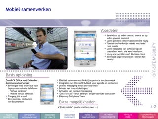 Mobiel samenwerken



                                                                                            Voordelen
                                                                                               • Bereikbaar op ieder toestel, overal en op
                                                                                                  ieder gewenst moment
                                                                                               • Geen specifiek netwerkabonnement nodig
                                                                                               • Toestel-onafhankelijk: werkt met ieder
                                                                                                  type toestel
                                                                                               • Geen installatie van software op de
                                                                                                  toestellen: werkt via web interfaces
                                                                                               • Integratie met Microsoft Outlook client
                                                                                               • Beveiligd: gegevens blijven binnen het
                                                                 KLANT                            bedrijf
                                                                 BEGROETING




  Basis oplossing
  OmniPCX Office met Extended                    • Flexibel samenwerken dankzij organisatie van teamwerk
  Communication Server                           • Integratie met Microsoft Outlook voor agenda en contacten
  • Beveiligde web interface voor                • Unified messaging e-mail en voice mail
    laptops en mobiele telefoons                 • Beheer van doorschakelingen
    - „Virtual desktop‟                          • Activatie van nomadic toepassing
    - „Mobile virtual desktop‟                   • „Click-to-call‟ vanuit bedrijfs- en persoonlijke contacten
  • Toegang tot e-mail                           • PIMphony Softphone Team
  • Deel agenda, contacten
    en documenten                                  Extra mogelijkheden
                                                  • „Push mobile‟ (push e-mail en meer …)                                                    4-2
  KLANT            EFFICIENTE       MOBILITEIT          MOBILITEIT         TEAMS &             NETWERK             HOTEL &         TOEKOMSTVASTE
BEGROETING       WERKOMGEVING       OP LOKATIE          ONDERWEG         SAMENWERKEN         CONVERGENTIE           ZORG            OPLOSSINGEN
 