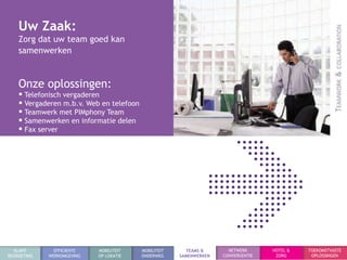 Uw Zaak:
    Zorg dat uw team goed kan
    samenwerken


    Onze oplossingen:
     Telefonisch vergaderen
     Vergaderen m.b.v. Web en telefoon
     Teamwerk met PIMphony Team
     Samenwerken en informatie delen
     Fax server




  KLANT        EFFICIENTE   MOBILITEIT    MOBILITEIT     TEAMS &       NETWERK      HOTEL &   TOEKOMSTVASTE
BEGROETING   WERKOMGEVING   OP LOKATIE    ONDERWEG     SAMENWERKEN   CONVERGENTIE    ZORG      OPLOSSINGEN
 