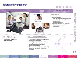 Telefonisch vergaderen



                                                                                               Voordelen
                                                                                               • Kostenbesparingen
                                                                                                 - Korte terugverdientijd in vergelijking
                                                                                                   met uitbesteding aan conferentie
                                                            Voorzitter                             dienstverleners
                                                                                                 - Verlaagde reiskosten
                                                                                               • Verhoogde efficiëntie van teamwerk
                                                                                                 - Weekelijks teamoverleg
                                                                                                 - Projectteams




                                                             Deelnemers

 Basis oplossing                             Extra mogelijkheden
  • telefonische vergadering                 • Telefonisch vergaderen met 6 personen
    met 3 personen                           • Voorzitter + 5 deelnemers
                                             • Eenvoudig te organiseren en activeren,
                                                 beveiligd door authenticatie code
                                             • Gemakkelijk toegankelijk dankzij
                                                 gesproken helpteksten
                                             •   Door middel van een toon is het duidelijk
                                                 wanneer er deelnemers bijkomen of
                                                 vertrekken

                                                                                                                                            5-1
  KLANT            EFFICIENTE   MOBILITEIT           MOBILITEIT          TEAMS &               NETWERK             HOTEL &          TOEKOMSTVASTE
BEGROETING       WERKOMGEVING   OP LOKATIE           ONDERWEG          SAMENWERKEN           CONVERGENTIE           ZORG             OPLOSSINGEN
 