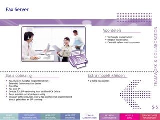Fax Server



                                                                                           Voordelen
                                                                                             • Verhoogde productiviteit
                                                                                             • Bespaar tijd en geld
                                                                                             • Centraal beheer van faxsysteem




 Basis oplossing                                                             Extra mogelijkheden
  •   Fax2mail en mail2fax mogelijkheid met                                  • 2 extra fax poorten
      Extended Communication Server
  •   Print2fax
  •   Fax over IP
  •   Directe T38 SIP-verbinding naar de OmniPCX Office
  •   Geen speciale extra hardware nodig
  •   Inclusief softwarebundel voor 2 fax poorten met ongelimiteerd
      aantal gebruikers en SIP trunking


                                                                                                                                        5-5
  KLANT             EFFICIENTE           MOBILITEIT         MOBILITEIT     TEAMS &           NETWERK           HOTEL &          TOEKOMSTVASTE
BEGROETING        WERKOMGEVING           OP LOKATIE         ONDERWEG     SAMENWERKEN       CONVERGENTIE         ZORG             OPLOSSINGEN
 