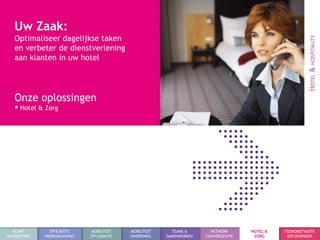 Uw Zaak:
   Optimaliseer dagelijkse taken
   en verbeter de dienstverlening
   aan klanten in uw hotel




   Onze oplossingen
    Hotel & Zorg




  KLANT        EFFICIENTE   MOBILITEIT   MOBILITEIT     TEAMS &       NETWERK      HOTEL &   TOEKOMSTVASTE
BEGROETING   WERKOMGEVING   OP LOKATIE   ONDERWEG     SAMENWERKEN   CONVERGENTIE    ZORG      OPLOSSINGEN
 