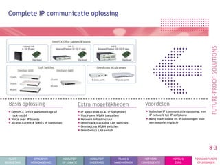 Complete IP communicatie oplossing




  Basis oplossing                                        Extra mogelijkheden                       Voordelen
  • OmniPCX Office wandmontage of                        • IP applicaties (o.a. IP Softphone)      • Volledige IP communicatie oplossing, van
    rack-model                                           • Voice over WLAN toestellen                 IP netwerk tot IP softphone
  • Voice over IP boards                                 • Netwerk infrastructuur                  • Meng traditionele en IP oplossingen voor
  • Alcatel-Lucent 8 SERIES IP toestellen                • OmniStack stackable LAN switches           een soepele migratie
                                                         • OmniAccess WLAN switches
                                                         • OmniSwitch LAN switch


                                                                                                                                                8-3
  KLANT             EFFICIENTE              MOBILITEIT           MOBILITEIT          TEAMS &       NETWERK            HOTEL &         TOEKOMSTVASTE
BEGROETING        WERKOMGEVING              OP LOKATIE           ONDERWEG          SAMENWERKEN   CONVERGENTIE          ZORG            OPLOSSINGEN
 