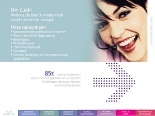 Uw Zaak:
      Verhoog de klanttevredenheid
      vanaf het eerste contact
      Onze oplossingen
       Geavanceerde communicatie-server
       Klantvriendelijke begroeting
       Bedienpost
       PC-bedienpost
       „Personal assistant‟
       Voicemail
       Slimme routering van binnenkomende
        gesprekken



                               85%      van consumenten
                     stopt met het gebruik van producten
                             of diensten op basis van een
                                      slecht klantcontact




  KLANT        EFFICIENTE     MOBILITEIT    MOBILITEIT     TEAMS &       NETWERK      HOTEL &   TOEKOMSTVASTE
BEGROETING   WERKOMGEVING     OP LOKATIE    ONDERWEG     SAMENWERKEN   CONVERGENTIE    ZORG      OPLOSSINGEN
 