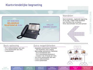 Klantvriendelijke begroeting


                                                                                                Voordelen
                                                                                              • Klantvriendelijke, uitgebreide begroeting
      DIT KAN EEN                                                                             • 24 uur/dag, 7 dagen/week bereikbaar
                                                                                                voor informatie voor uw klanten
      BELANGRIJK                                                                              • Direct doorverbinden met juiste persoon
   TELEFOONTJE ZIJN!                                                 HALLO!
                                                                  IEMAND DAAR?




  Basis oplossing                                  Extra mogelijkheden
  • Tot 4 welkomstteksten naar wens                • Aanpasbare Automatische Telefoniste
  • 2 min wachtmuziek naar wens                       - Een keuzemenu met 2 niveaus
  • 2 systeemtalen                                 • Meervoudige Automatische Telefoniste
                                                     - Tot 4 verschillende talen
                                                     - Tot 5 verschillende keuzemenu‟s
                                                     - 3 niveau‟s met 10 keuzes per menu
                                                   • Tot 10 min wachtmuziek naar wens
                                                   • 4 extra welkomstteksten
                                                   • 2 extra systeemtalen
                                                                                                                                            1-2
  KLANT            EFFICIENTE         MOBILITEIT          MOBILITEIT        TEAMS &           NETWERK            HOTEL &          TOEKOMSTVASTE
BEGROETING       WERKOMGEVING         OP LOKATIE          ONDERWEG        SAMENWERKEN       CONVERGENTIE          ZORG             OPLOSSINGEN
 