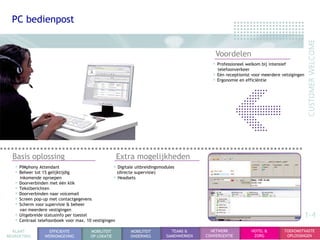 PC bedienpost


                                                                                                 Voordelen
                                                                                               • Professioneel welkom bij intensief
                                                                                                  telefoonverkeer
                                                                                               • Eén receptionist voor meerdere vetsigingen
                                                                                               • Ergonomie en efficiëntie




  Basis oplossing                                     Extra mogelijkheden
   • PIMphony Attendant                              • Digitale uitbreidingsmodules
   • Beheer tot 15 gelijktijdig                     (directe supervisie)
     inkomende oproepen                           • Headsets
   • Doorverbinden met één klik
   • Tekstberichten
   • Doorverbinden naar voicemail
   • Screen pop-up met contactgegevens
   • Scherm voor supervisie & beheer
     van meerdere vestigingen
   • Uitgebreide statusinfo per toestel                                                                                                       1-4
   • Centraal telefoonboek voor max. 10 vestigingen
  KLANT             EFFICIENTE          MOBILITEIT           MOBILITEIT          TEAMS &       NETWERK              HOTEL &       TOEKOMSTVASTE
BEGROETING        WERKOMGEVING          OP LOKATIE           ONDERWEG          SAMENWERKEN   CONVERGENTIE            ZORG          OPLOSSINGEN
 