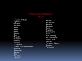 Países que integran el
ALCA
Antigua y Barbuda
Argentina
Bahamas
Barbados
Belice
Bolivia
Brasil
Canadá
Chile
Colombia
Costa Rica
Dominica
Ecuador
El Salvador
Estados Unidos de América
Granada
Guatemala
Guyana
Haití
Honduras
Jamaica
México
Nicaragua
Panamá
Paraguay
Perú
República
Dominicana
Saint
San Vicente y
las Granadinas
Santa Lucía
Surinam
Trinidad y Tobago
Uruguay
Venezuela
 