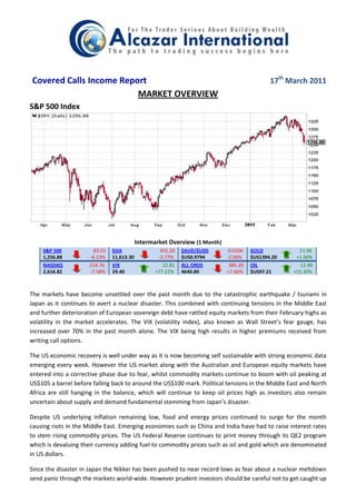 Covered Calls Income Report                                                                   17th March 2011
                         MARKET OVERVIEW
S&P 500 Index




                                            Intermarket Overview (1 Month)
    S&P 500             83.55   DJIA                 455.20   $AUD/$USD       0.0206   GOLD           21.96
    1,256.88          -6.23%    11,613.30           -3.77%    $US0.9794      -2.06%    $US1394.20    +1.60%
    NASDAQ            214.76    VIX                   12.81   ALL ORDS        385.20   OIL             12.90
    2,616.82          -7.58%    29.40              +77.22%    4640.80        +7.66%    $US97.21     +15.30%



The markets have become unsettled over the past month due to the catastrophic earthquake / tsunami in
Japan as it continues to avert a nuclear disaster. This combined with continuing tensions in the Middle East
and further deterioration of European sovereign debt have rattled equity markets from their February highs as
volatility in the market accelerates. The VIX (volatility index), also known as Wall Street’s fear gauge, has
increased over 70% in the past month alone. The VIX being high results in higher premiums received from
writing call options.

The US economic recovery is well under way as it is now becoming self sustainable with strong economic data
emerging every week. However the US market along with the Australian and European equity markets have
entered into a corrective phase due to fear, whilst commodity markets continue to boom with oil peaking at
US$105 a barrel before falling back to around the US$100 mark. Political tensions in the Middle East and North
Africa are still hanging in the balance, which will continue to keep oil prices high as investors also remain
uncertain about supply and demand fundamental stemming from Japan’s disaster.

Despite US underlying inflation remaining low, food and energy prices continued to surge for the month
causing riots in the Middle East. Emerging economies such as China and India have had to raise interest rates
to stem rising commodity prices. The US Federal Reserve continues to print money through its QE2 program
which is devaluing their currency adding fuel to commodity prices such as oil and gold which are denominated
in US dollars.

Since the disaster in Japan the Nikkei has been pushed to near record lows as fear about a nuclear meltdown
send panic through the markets world-wide. However prudent investors should be careful not to get caught up
 