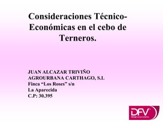 Consideraciones Técnico-
Económicas en el cebo de
Terneros.
JUAN ALCAZAR TRIVIÑO
AGROURBANA CARTHAGO, S.L
Finca “Los Roses” s/n
La Aparecida
C.P: 30.395
 