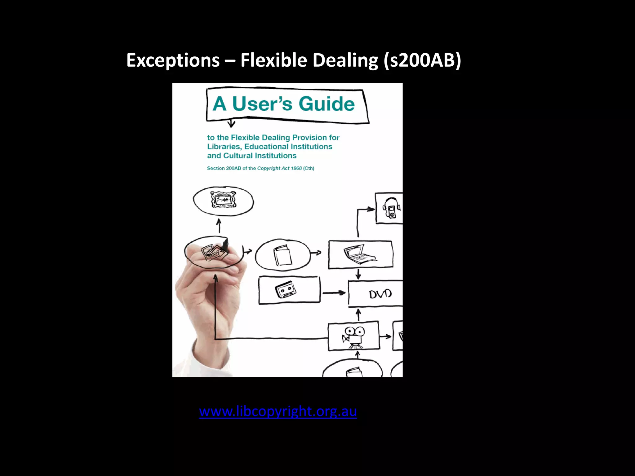 Exceptions – Flexible Dealing (s200AB)
www.libcopyright.org.au
 