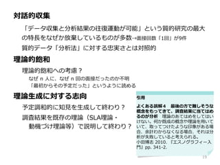 対話的収集
「データ収集と分析結果の往復運動が可能」という質的研究の最大
の特長をなぜか放棄しているものが多数→面接回数「1回」が9件
質的データ「分析法」に対する忠実さとは対照的
理論的飽和
理論的飽和への考慮？
なぜ n 人に、なぜ n 回の面接だったのか不明
「最初からその予定だった」というように読める
理論生成に対する志向
予定調和的に知見を生成して終わり？
調査結果を既存の理論（SLA理論・
動機づけ理論等）で説明して終わり？
引用
よくある誤解４ 最後の方で難しそうな
概念をもってきて、調査結果に当てはめ
るのが分析 理論のあてはめをしてはい
けない。何か既成の概念や理論を用いて
いて、取ってつけたような印象がある場
合、余計わからなくなる場合、それは分
析が失敗していると考えられる。
小田博志 2010. 『エスノグラフィー入
門』pp. 341-2.
19
 