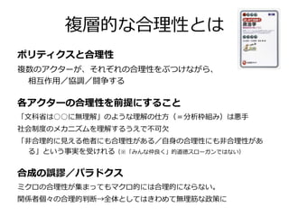 複層的な合理性とは
ポリティクスと合理性
複数のアクターが、それぞれの合理性をぶつけながら、
相互作用／協調／闘争する
各アクターの合理性を前提にすること
「文科省は○○に無理解」のような理解の仕方（＝分析枠組み）は悪手
社会制度のメカニズムを理解するうえで不可欠
「非合理的に見える他者にも合理性がある／自身の合理性にも非合理性があ
る」という事実を受けれる（※「みんな仲良く」的道徳スローガンではない）
合成の誤謬／パラドクス
ミクロの合理性が集まってもマクロ的には合理的にならない。
関係者個々の合理的判断→全体としてはきわめて無理筋な政策に
 