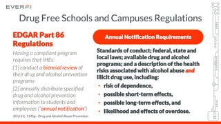 EDGAR Part 86
Regulations
Having a compliant program
requires that IHEs:
[1] conduct a biennial review of
their drug and alcohol prevention
programs
[2] annually distribute specified
drug and alcohol prevention
information to students and
employees (“annual notification”)
Standards of conduct; federal, state and
local laws; available drug and alcohol
programs; and a description of the health
risks associated with alcohol abuse and
illicit drug use, including:
• risk of dependence,
• possible short-term effects,
• possible long-term effects, and
• likelihood and effects of overdose.
20 U.S.C. 1145g—Drug and Alcohol Abuse Prevention
Annual Notification Requirements
Drug Free Schools and Campuses Regulations
 