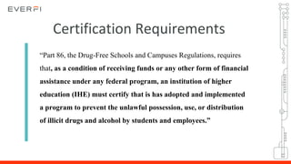 Certification Requirements
“Part 86, the Drug-Free Schools and Campuses Regulations, requires
that, as a condition of receiving funds or any other form of financial
assistance under any federal program, an institution of higher
education (IHE) must certify that is has adopted and implemented
a program to prevent the unlawful possession, use, or distribution
of illicit drugs and alcohol by students and employees.”
 