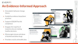 An Evidence-Informed Approach
• Grounded in behavior change
theory
• Guided by evidence-based best
practices
• Supports EDGAR Part 86
compliance
• Engages the majority of
students who are making
healthy decisions
• Discourages misuse and abuse
of alcohol and other drugs
• Provides crucial, actionable data
 