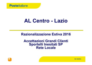 AL Centro
Razionalizzazione Estiva 2016
Accettazioni Grandi Clienti
Sportelli Inesitati SP
Rete Locale
AL Centro - Lazio
 