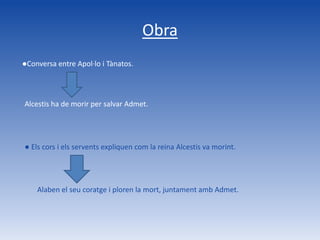 Obra
●Conversa entre Apol·lo i Tànatos.




Alcestis ha de morir per salvar Admet.




● Els cors i els servents expliquen com la reina Alcestis va morint.




    Alaben el seu coratge i ploren la mort, juntament amb Admet.
 