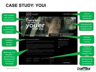 CASE STUDY: YOUI
                               Easy to
Clear imagery               connect with
 with obvious                real person
brand promise

                           Strong benefit
 Functional               statement with
benefit clearly            tangible proof
  explained

                              Multiple
  Headline                   conversion
  contains                     funnels
   benefit
                              Simple &
                             uncluttered
                             navigation.
Body copy is to
                            Keyword rich
  the point –
                                links
benefit heavy.
Keyword used               Missing social
 11 times on               connections &
  homepage                  spreadability

    www.traffika.com.au
 