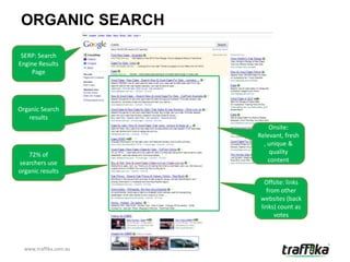 ORGANIC SEARCH

 SERP: Search
Engine Results
    Page




Organic Search
   results
                            Onsite:
                        Relevant, fresh
                          , unique &
   72% of                   quality
searchers use               content
organic results
                           Offsite: links
                           from other
                         websites (back
                         links) count as
                              votes



  www.traffika.com.au
 