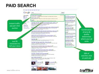 PAID SEARCH


   Instant traffic:
    pay-per-click
       auction
                      Combination
                        of price &
                         quality
                       determines
                      where your ad
        Just 95           ranks
    characters to
   tell your story


                         28% of
                      searches click
                       on paid ads




www.traffika.com.au
 