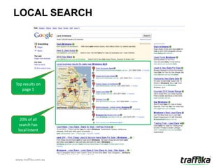LOCAL SEARCH




Top results on
   page 1




  20% of all
  search has
 local intent




www.traffika.com.au
 