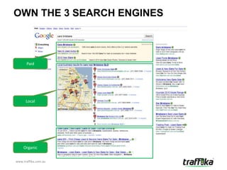 OWN THE 3 SEARCH ENGINES



      Paid




      Local




     Organic


www.traffika.com.au
 