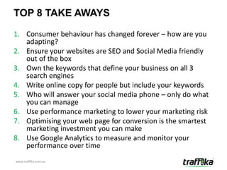 TOP 8 TAKE AWAYS

1. Consumer behaviour has changed forever – how are you
   adapting?
2. Ensure your websites are SEO and Social Media friendly
   out of the box
3. Own the keywords that define your business on all 3
   search engines
4. Write online copy for people but include your keywords
5. Who will answer your social media phone – only do what
   you can manage
6. Use performance marketing to lower your marketing risk
7. Optimising your web page for conversion is the smartest
   marketing investment you can make
8. Use Google Analytics to measure and monitor your
   performance over time
www.traffika.com.au
 