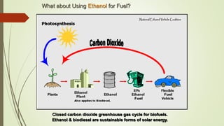 Closed carbon dioxide greenhouse gas cycle for biofuels.
Ethanol & biodiesel are sustainable forms of solar energy.
What about Using Ethanol for Fuel?
 