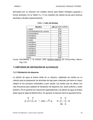 UNIDAD 1 ALCOHOLES, FENOLES Y ÉTERES
demuestra por su reacción con metales activos para liberar hidrógeno gaseoso y
formar alcóxidos. En la Tabla1.3 y 1.4 se muestran los valores de pka para diversos
alcoholes y fenoles respectivamente.
Tabla 1.4 pKa de fenoles
Nombre pKa (en H2O a 25ºC)
1-naftol 9,31
2,4,6-trinitrofenol (ac. pícrico) 0,38
2,4-dinitrofenol 3,96
2-clorofenol 8,11
2-metilfenol 10,2
2-naftol 9,55
2-nitrofenol 7,17
3-clorofenol 8,80
3-metilfenol 10,01
3-nitrofenol 8,28
4-clorofenol 9,20
4-metilfenol 10,17
4-nitrofenol 7,15
fenol 9,89
Fuente: SOLOMONS, T. W. Graham. 2000. Química orgánica. Ed. Limusa-Wiley, México,
Pág.1129.
1.3 MÉTODOS DE OBTENCIÓN DE ALCOHOLES
1.3.1 Hidratación de alquenos
La adición de agua al enlace doble de un alqueno, catalizada por ácidos es un
método para la preparación de alcoholes de bajo peso molecular que tiene su mayor
utilidad en los procesos industriales a gran escala. Los ácidos que se utilizan con
más frecuencia para catalizar la hidratación de alquenos son: ácido sulfúrico y ácido
fosfórico. Por lo general son reacciones regioselectivas y la adición de agua al enlace
doble sigue la regla de Markovnikov. En general, la reacción tiene la siguiente forma:
C C HOH
H+
C
OH
R
H
C R
H
H
+
R
H H
R´ ´
Portillo Alva Benjamín , Leticia Colón Izquierdo. 13
 