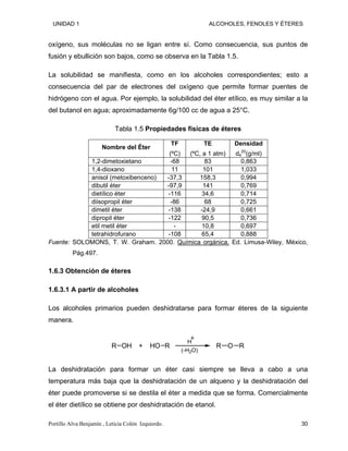 UNIDAD 1 ALCOHOLES, FENOLES Y ÉTERES
oxígeno, sus moléculas no se ligan entre sí. Como consecuencia, sus puntos de
fusión y ebullición son bajos, como se observa en la Tabla 1.5.
La solubilidad se manifiesta, como en los alcoholes correspondientes; esto a
consecuencia del par de electrones del oxígeno que permite formar puentes de
hidrógeno con el agua. Por ejemplo, la solubilidad del éter etílico, es muy similar a la
del butanol en agua; aproximadamente 6g/100 cc de agua a 25°C.
Tabla 1.5 Propiedades físicas de éteres
Nombre del Éter
TF
(ºC)
TE
(ºC, a 1 atm)
Densidad
d4
20
(g/ml)
1,2-dimetoxietano -68 83 0,863
1,4-dioxano 11 101 1,033
anisol (metoxibenceno) -37,3 158,3 0,994
dibutil éter -97,9 141 0,769
dietílico éter -116 34,6 0,714
diisopropil éter -86 68 0,725
dimetil éter -138 -24,9 0,661
dipropil éter -122 90,5 0,736
etil metil éter - 10,8 0,697
tetrahidrofurano -108 65,4 0,888
Fuente: SOLOMONS, T. W. Graham. 2000. Química orgánica. Ed. Limusa-Wiley, México,
Pág.497.
1.6.3 Obtención de éteres
1.6.3.1 A partir de alcoholes
Los alcoholes primarios pueden deshidratarse para formar éteres de la siguiente
manera.
OH
R HO R
H
(-H2O)
O
R R
+
La deshidratación para formar un éter casi siempre se lleva a cabo a una
temperatura más baja que la deshidratación de un alqueno y la deshidratación del
éter puede promoverse si se destila el éter a medida que se forma. Comercialmente
el éter dietílico se obtiene por deshidratación de etanol.
Portillo Alva Benjamín , Leticia Colón Izquierdo. 30
 