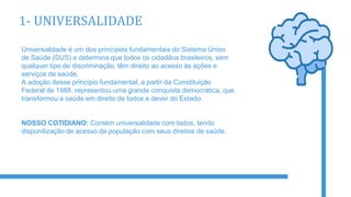 1- UNIVERSALIDADE
Universalidade é um dos princípios fundamentais do Sistema Único
de Saúde (SUS) e determina que todos os cidadãos brasileiros, sem
qualquer tipo de discriminação, têm direito ao acesso às ações e
serviços de saúde.
A adoção desse princípio fundamental, a partir da Constituição
Federal de 1988, representou uma grande conquista democrática, que
transformou a saúde em direito de todos e dever do Estado.
NOSSO COTIDIANO: Contém universalidade com todos, tendo
disponilização de acesso da população com seus direitos de saúde.
 