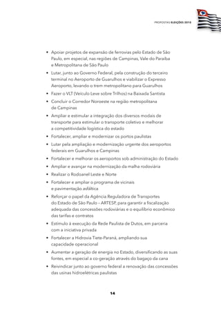 propostas eleições 2010




• Apoiar projetos de expansão de ferrovias pelo Estado de São
  Paulo, em especial, nas regiões de Campinas, Vale do Paraíba
  e Metropolitana de São Paulo
• Lutar, junto ao Governo Federal, pela construção do terceiro
  terminal no Aeroporto de Guarulhos e viabilizar o Expresso
  Aeroporto, levando o trem metropolitano para Guarulhos
• Fazer o VLT (Veículo Leve sobre Trilhos) na Baixada Santista
• Concluir o Corredor Noroeste na região metropolitana
  de Campinas
• Ampliar e estimular a integração dos diversos modais de
  transporte para estimular o transporte coletivo e melhorar
  a competitividade logística do estado
• Fortalecer, ampliar e modernizar os portos paulistas
• Lutar pela ampliação e modernização urgente dos aeroportos
  federais em Guarulhos e Campinas
• Fortalecer e melhorar os aeroportos sob administração do Estado
• Ampliar e avançar na modernização da malha rodoviária
• Realizar o Rodoanel Leste e Norte
• Fortalecer e ampliar o programa de vicinais
  e pavimentação asfáltica
• Reforçar o papel da Agência Reguladora de Transportes
  do Estado de São Paulo – ARTESP, para garantir a fiscalização
  adequada das concessões rodoviárias e o equilíbrio econômico
  das tarifas e contratos
• Estímulo à execução da Rede Paulista de Dutos, em parceria
  com a iniciativa privada
• Fortalecer a Hidrovia Tiete-Paraná, ampliando sua
  capacidade operacional
• Aumentar a geração de energia no Estado, diversificando as suas
  fontes, em especial a co-geração através do bagaço da cana
• Reivindicar junto ao governo federal a renovação das concessões
  das usinas hidroelétricas paulistas



                                 14
 