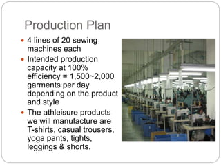 Production Plan
 4 lines of 20 sewing
machines each
 Intended production
capacity at 100%
efficiency = 1,500~2,000
garments per day
depending on the product
and style
 The athleisure products
we will manufacture are
T-shirts, casual trousers,
yoga pants, tights,
leggings & shorts.
 