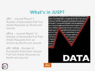 What’s in JUSP?
JR1 - Journal Report 1:
Number of Successful Full-Text
Article Requests by Month and
Journal
JR1a - Journa...