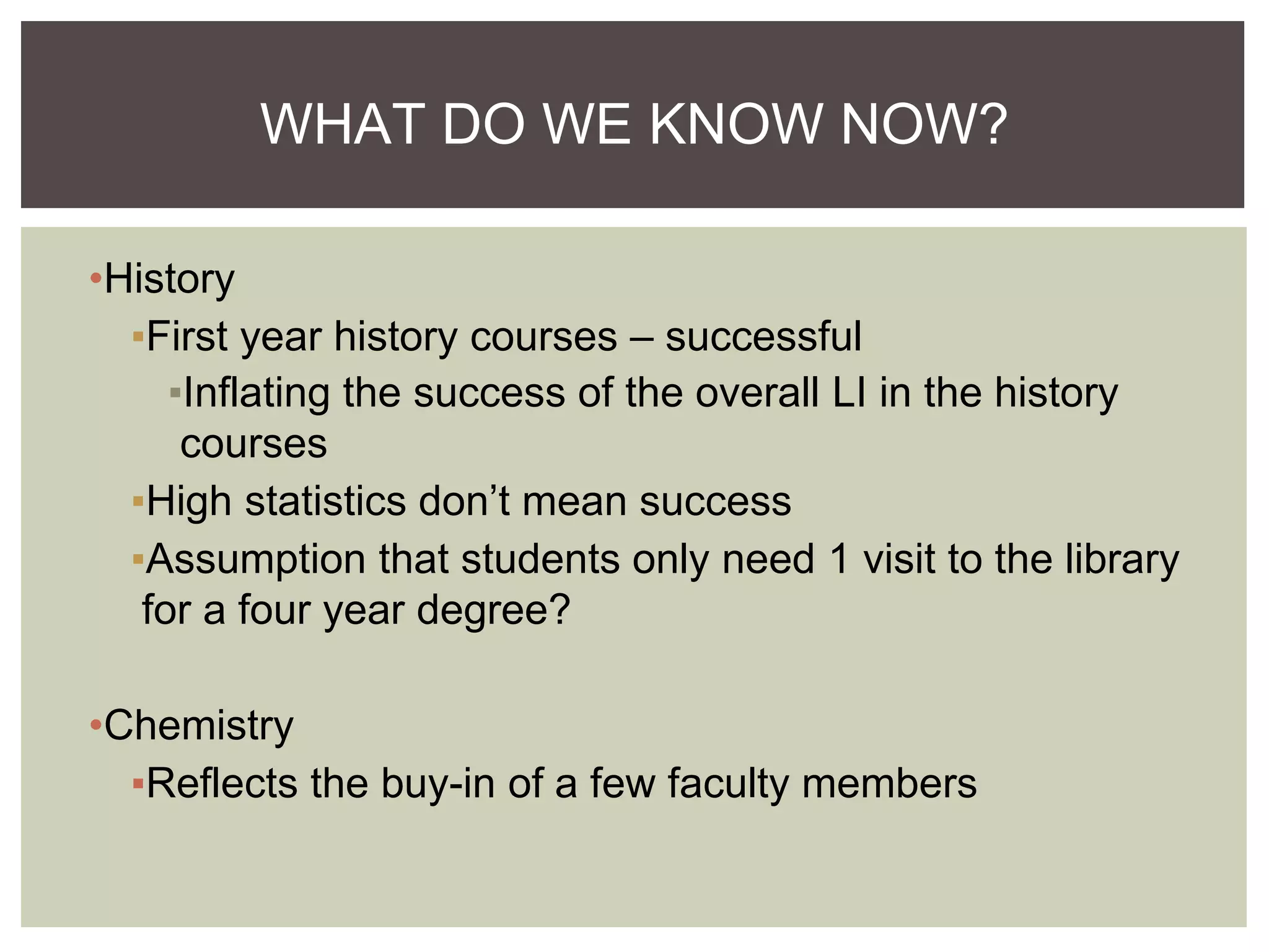 •History
▪First year history courses – successful
▪Inflating the success of the overall LI in the history
courses
▪High statistics don’t mean success
▪Assumption that students only need 1 visit to the library
for a four year degree?
•Chemistry
▪Reflects the buy-in of a few faculty members
WHAT DO WE KNOW NOW?
 
