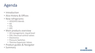 Agenda
• Introduction
• Alco History & Offices
• New refrigerants:
• HFO/HFO blends
• A3
• CO2
• A2L
• Main products overview
• Oil management, Liquid level
• EXV, Electrical control valves
• Electronics
• Pressure Switches
• Thermo-Expansion Valves
• Product guides & Navigator
• Summary
 