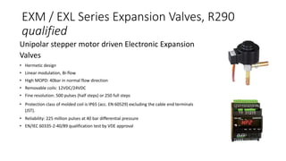 EXM / EXL Series Expansion Valves, R290
qualified
Unipolar stepper motor driven Electronic Expansion
Valves
• Hermetic design
• Linear modulation, Bi-flow
• High MOPD: 40bar in normal flow direction
• Removable coils: 12VDC/24VDC
• Fine resolution: 500 pulses (half steps) or 250 full steps
• Protection class of molded coil is IP65 (acc. EN 60529) excluding the cable end terminals
(JST).
• Reliability: 225 million pulses at 40 bar differential pressure
• EN/IEC 60335-2-40/89 qualification test by VDE approval
 