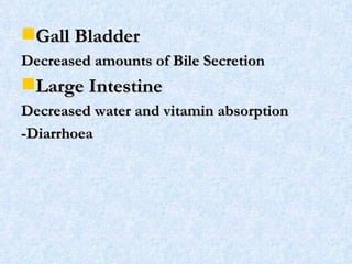Gall Bladder Decreased amounts of Bile Secretion  Large Intestine Decreased water and vitamin absorption -Diarrhoea 