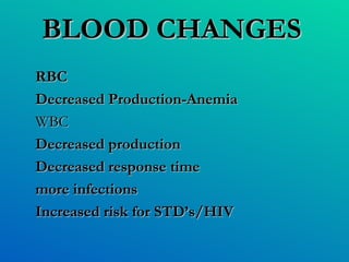 BLOOD CHANGES RBC Decreased Production-Anemia WBC Decreased production Decreased response time more infections Increased risk for STD’s/HIV 