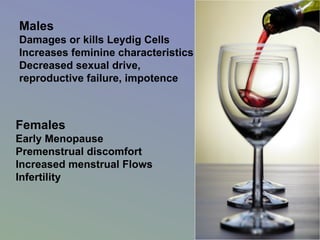 Males Damages or kills Leydig Cells Increases feminine characteristics Decreased sexual drive,  reproductive failure, impotence Females Early Menopause Premenstrual discomfort Increased menstrual Flows Infertility 