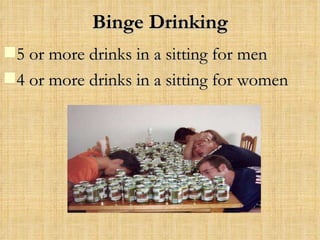 Binge Drinking 5 or more drinks in a sitting for men 4 or more drinks in a sitting for women 