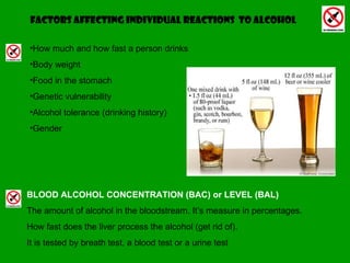 Factors affecting individual reactions  to alcohol How much and how fast a person drinks Body weight Food in the stomach Genetic vulnerability Alcohol tolerance (drinking history) Gender BLOOD ALCOHOL CONCENTRATION (BAC) or LEVEL (BAL) The amount of alcohol in the bloodstream. It’s measure in percentages. How fast does the liver process the alcohol (get rid of). It is tested by breath test, a blood test or a urine test  