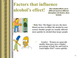 Factors that influence alcohol’s effect!   Body Size: The bigger you are, the more blood you have to dilute the alcohol in your system. Smaller people are usually affected more quickly by alcohol than larger people. Gender:  Women are generally smaller than men, have a higher percentage of body fat, and tend to reach higher BAC’s more quickly.   How alcohol affects you is different based on different absorption rate factors, these include: 