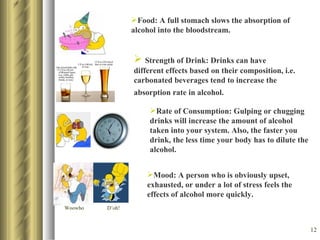 Food: A full stomach slows the absorption of alcohol into the bloodstream.  Strength of Drink: Drinks can have different effects based on their composition, i.e. carbonated beverages tend to increase the absorption rate in alcohol.   Rate of Consumption: Gulping or chugging drinks will increase the amount of alcohol taken into your system. Also, the faster you drink, the less time your body has to dilute the alcohol.  Mood: A person who is obviously upset, exhausted, or under a lot of stress feels the effects of alcohol more quickly.  Woowho D’oh! 