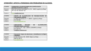 NOMBRE FEDERACIÓN DE ASOCIACIONES DE ALCOHÓLICOS EN
REHABILITACIÓN DE LA RIOJA.
Dirección Muro de Francisco de la Mata nº 8, 5º A 26001 Logroño (La Rioja)
Teléfono 941 102 100 / 663 807 722
Correo e fraar.rioja@hotmail.com
ATENCIÓN Y APOYO A PERSONAS CON PROBLEMAS DE ALCOHOL
NOMBRE ASOCIACIÓN RIOJANA DE ALCOHÓLICOS
REHABILITADOS (A.R.A.R.)
Dirección c/ Huesca 61 B – bajo - 26005- LOGROÑO (La Rioja)
Teléfono 941 226 746
Correo e arar@arar.e.telefonica.net
NOMBRE GRUPO DE ALCOHÓLICOS EN REHABILITACIÓN DE
VALVANERA (GARVA)
Dirección c/ Vélez de Guevara, 8, 1º - 26005 - Logroño (La Rioja)
Teléfono 618 549 680
Correo e garvarioja@gmail.com
NOMBRE Asociación riojana de adicciones y rehabilitación de Nájera
(ARARNA)
Dirección c/ San Fernando 108 - 26300- Nájera (La Rioja)
Teléfono 609 33 08 41
Correo e ararna@hotmail.es
 