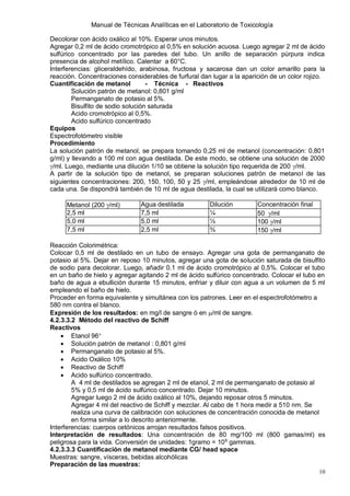 Manual de Técnicas Analíticas en el Laboratorio de Toxicología
10
Decolorar con ácido oxálico al 10%. Esperar unos minutos.
Agregar 0,2 ml de ácido cromotrópico al 0,5% en solución acuosa. Luego agregar 2 ml de ácido
sulfúrico concentrado por las paredes del tubo. Un anillo de separación púrpura indica
presencia de alcohol metílico. Calentar a 60°C.
Interferencias: gliceraldehído, arabinosa, fructosa y sacarosa dan un color amarillo para la
reacción. Concentraciones considerables de furfural dan lugar a la aparición de un color rojizo.
Cuantificación de metanol - Técnica - Reactivos
Solución patrón de metanol: 0,801 g/ml
Permanganato de potasio al 5%.
Bisulfito de sodio solución saturada
Acido cromotrópico al 0,5%.
Acido sulfúrico concentrado
Equipos
Espectrofotómetro visible
Procedimiento
La solución patrón de metanol, se prepara tomando 0,25 ml de metanol (concentración: 0,801
g/ml) y llevando a 100 ml con agua destilada. De este modo, se obtiene una solución de 2000
/ml. Luego, mediante una dilución 1/10 se obtiene la solución tipo requerida de 200 /ml.
A partir de la solución tipo de metanol, se preparan soluciones patrón de metanol de las
siguientes concentraciones: 200, 150, 100, 50 y 25 /ml, empleándose alrededor de 10 ml de
cada una. Se dispondrá también de 10 ml de agua destilada, la cual se utilizará como blanco.
Metanol (200 /ml) Agua destilada Dilución Concentración final
2,5 ml 7,5 ml ¼ 50 /ml
5,0 ml 5,0 ml ½ 100 /ml
7,5 ml 2,5 ml ¾ 150 /ml
Reacción Colorimétrica:
Colocar 0,5 ml de destilado en un tubo de ensayo. Agregar una gota de permanganato de
potasio al 5%. Dejar en reposo 10 minutos, agregar una gota de solución saturada de bisulfito
de sodio para decolorar. Luego, añadir 0.1 ml de ácido cromotrópico al 0,5%. Colocar el tubo
en un baño de hielo y agregar agitando 2 ml de ácido sulfúrico concentrado. Colocar el tubo en
baño de agua a ebullición durante 15 minutos, enfriar y diluir con agua a un volumen de 5 ml
empleando el baño de hielo.
Proceder en forma equivalente y simultánea con los patrones. Leer en el espectrofotómetro a
580 nm contra el blanco.
Expresión de los resultados: en mg/l de sangre ó en /ml de sangre.
4.2.3.3.2 Método del reactivo de Schiff
Reactivos
 Etanol 96
 Solución patrón de metanol : 0,801 g/ml
 Permanganato de potasio al 5%.
 Acido Oxálico 10%
 Reactivo de Schiff
 Acido sulfúrico concentrado.
A 4 ml de destilados se agregan 2 ml de etanol, 2 ml de permanganato de potasio al
5% y 0,5 ml de ácido sulfúrico concentrado. Dejar 10 minutos.
Agregar luego 2 ml de ácido oxálico al 10%, dejando reposar otros 5 minutos.
Agregar 4 ml del reactivo de Schiff y mezclar. Al cabo de 1 hora medir a 510 nm. Se
realiza una curva de calibración con soluciones de concentración conocida de metanol
en forma similar a lo descrito anteriormente.
Interferencias: cuerpos cetónicos arrojan resultados falsos positivos.
Interpretación de resultados: Una concentración de 80 mg/100 ml (800 gamas/ml) es
peligrosa para la vida. Conversión de unidades: 1gramo = 106
gammas.
4.2.3.3.3 Cuantificación de metanol mediante CG/ head space
Muestras: sangre, vísceras, bebidas alcohólicas
Preparación de las muestras:
 