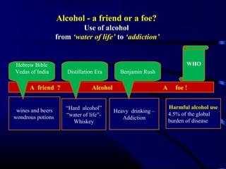 Alcohol - a friend or a foe?
Use of alcohol
from ‘water of life’ to ‘addiction’
A friend ? Alcohol A foe !
wines and beers
wondrous potions
“Hard alcohol”
“water of life”-
Whiskey
Heavy drinking –
Addiction
WHO
Harmful alcohol use
4.5% of the global
burden of disease
Hebrew Bible
Vedas of India Distillation Era Benjamin Rush
 