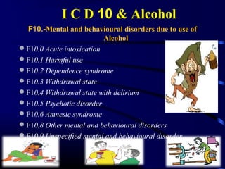F10.-Mental and behavioural disorders due to use of
Alcohol
F10.0 Acute intoxication
F10.1 Harmful use
F10.2 Dependence syndrome
F10.3 Withdrawal state
F10.4 Withdrawal state with delirium
F10.5 Psychotic disorder
F10.6 Amnesic syndrome
F10.8 Other mental and behavioural disorders
F10.9 Unspecified mental and behavioural disorder
I C D 10 & Alcohol
 