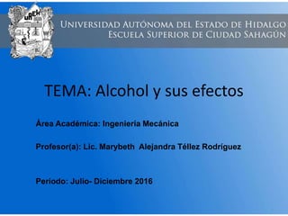 TEMA: Alcohol y sus efectos
Área Académica: Ingeniería Mecánica
Profesor(a): Lic. Marybeth Alejandra Téllez Rodríguez
Periodo: Julio- Diciembre 2016
 